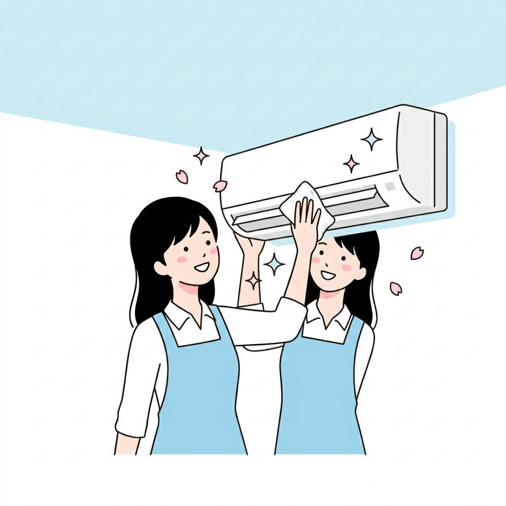 水色エプロンの女性スタッフ2名が笑顔でエアコンを清掃するフラットイラスト