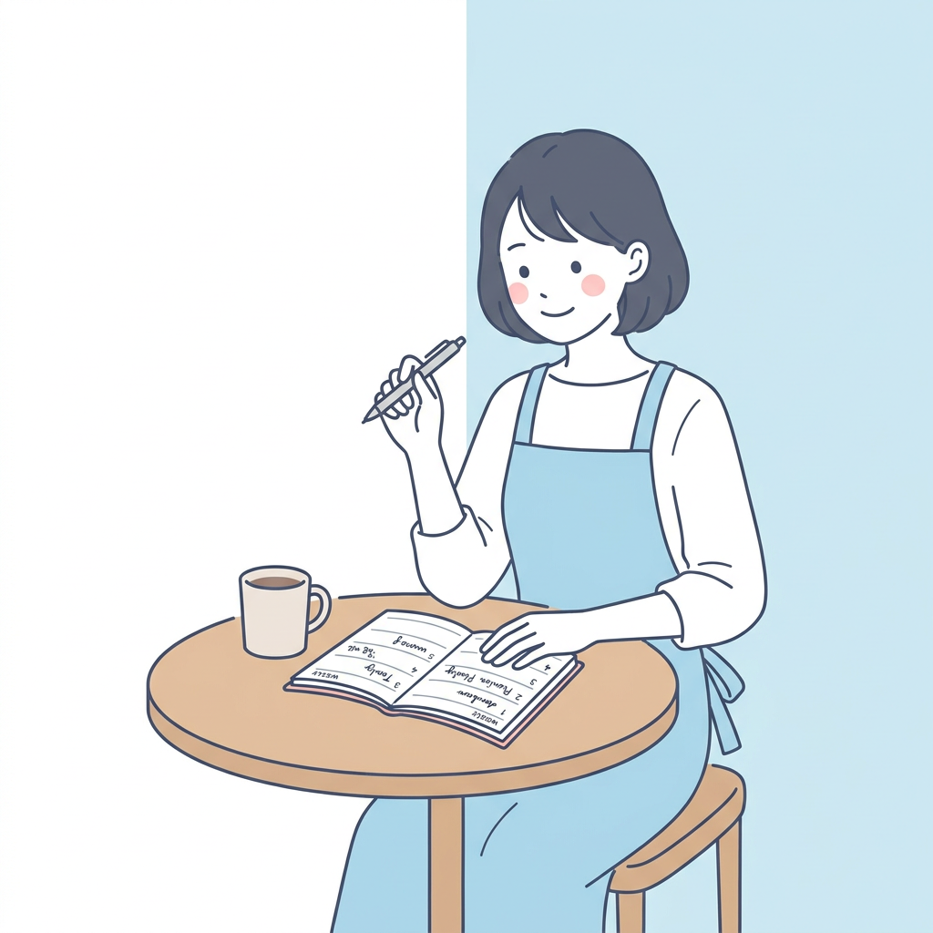 水色エプロンの女性スタッフが手帳でスケジュール調整するフラットイラスト
