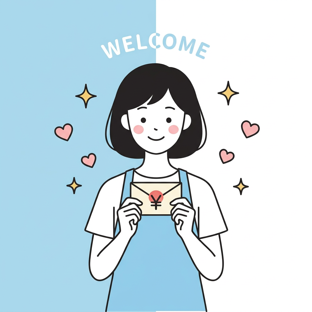 水色エプロンの女性スタッフがWELCOMEカードを持つフラットイラスト